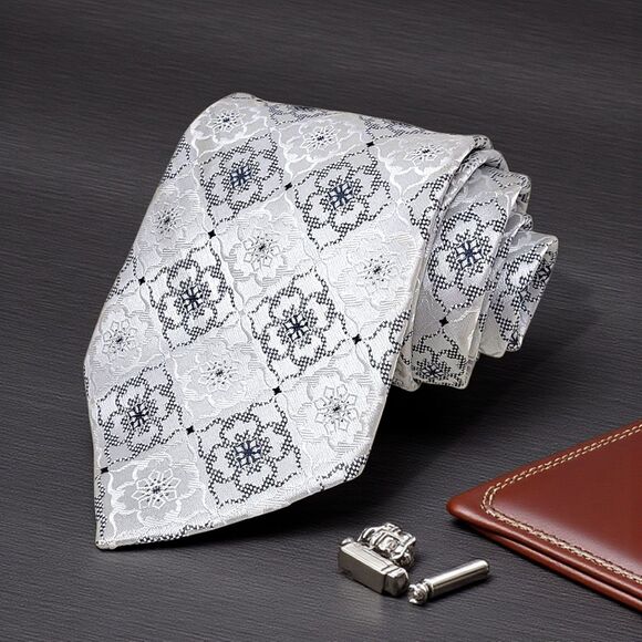 Jean Claude Vidal Handmade Neck Tie Silver & Black Geometric Classic 59" - Picture 1 of 11